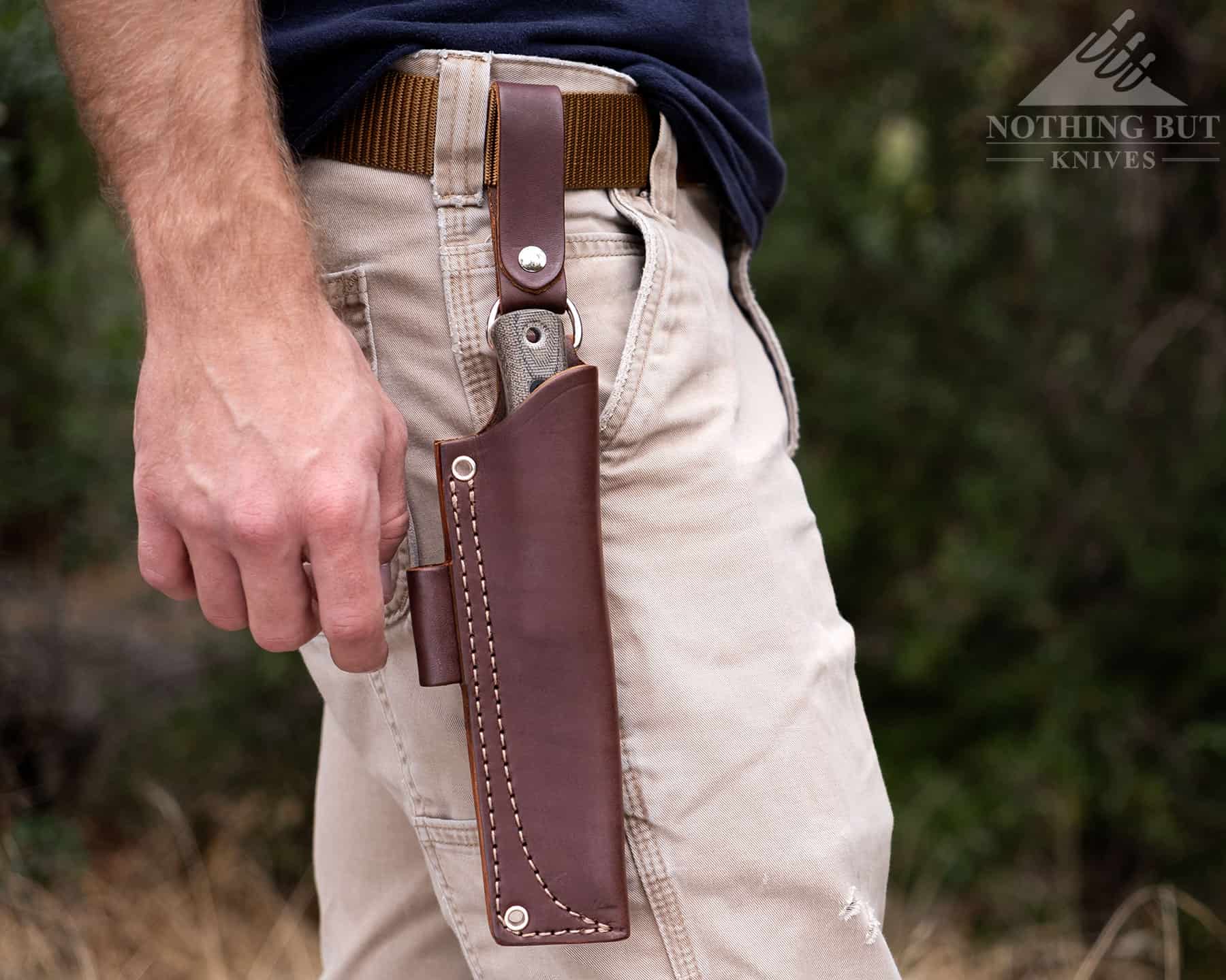 The brown leather sheath that ships with the Reiff F4 is as good as any we have ever tested. 