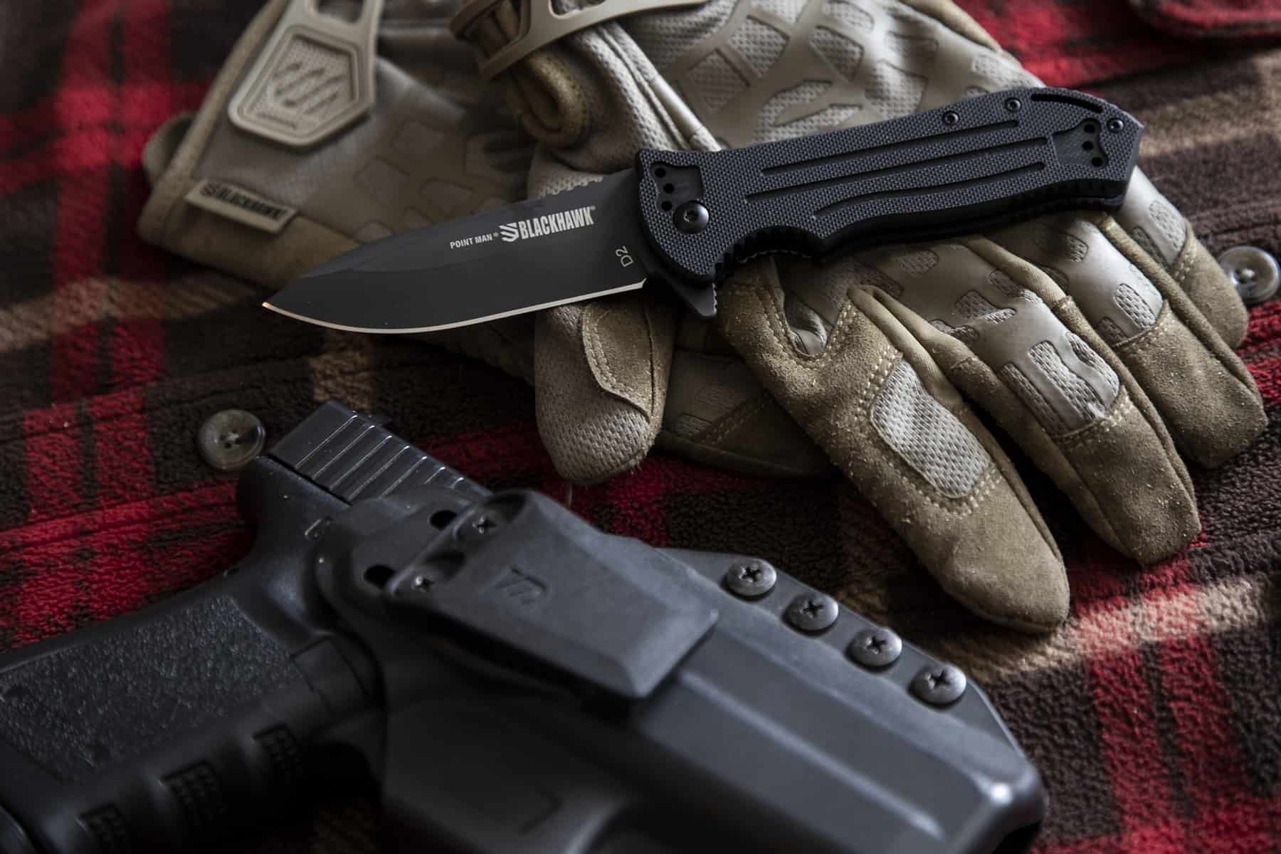 Bear &Amp; Son Cutlery Is Teaming Up With Blackhawk 1 EDC set-up with the Bear & Son Point Man tactical knife.