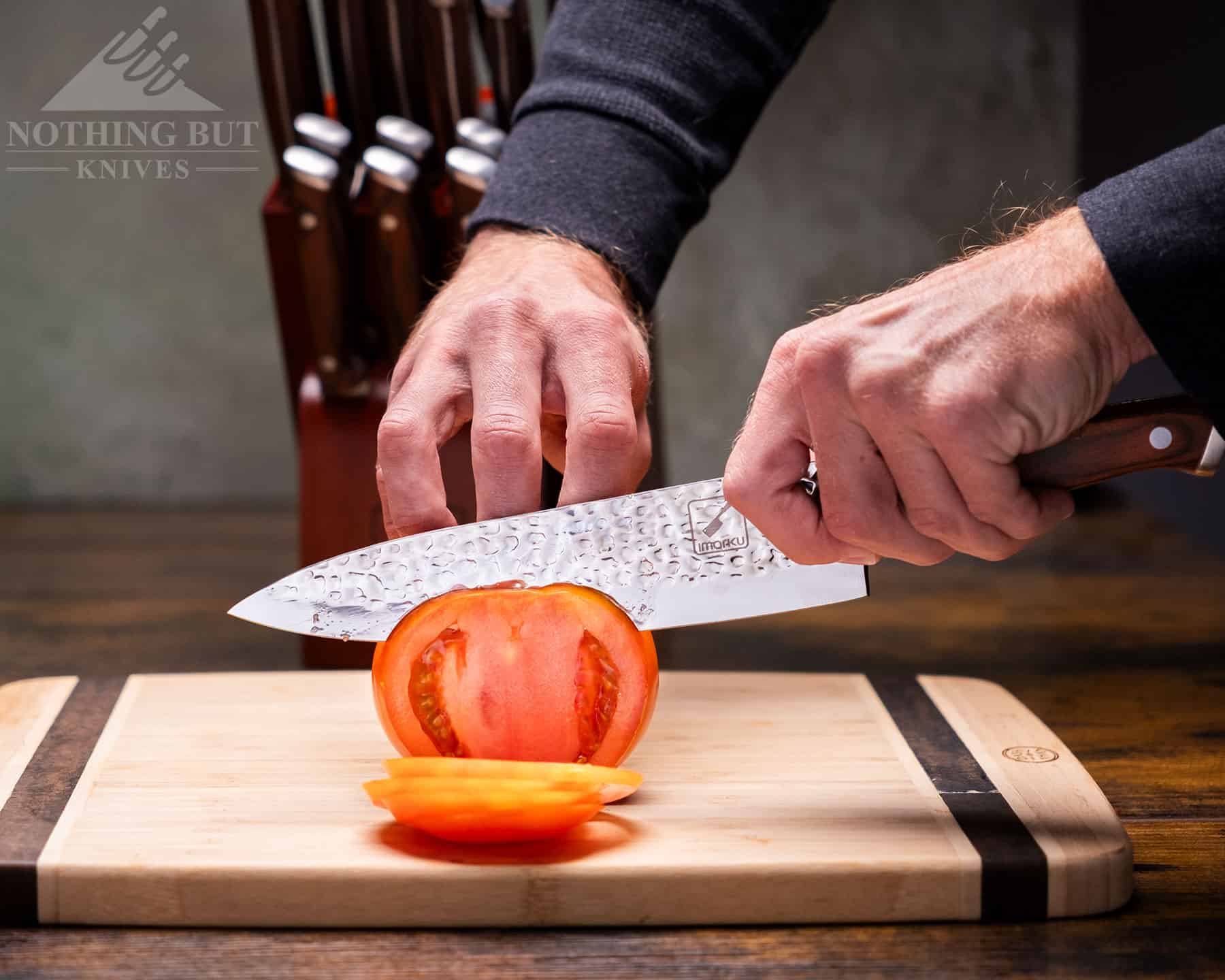 The 8 inch chef knife that ships with this set is a great kitchen workhorse for almost any slicing or dicing task. 