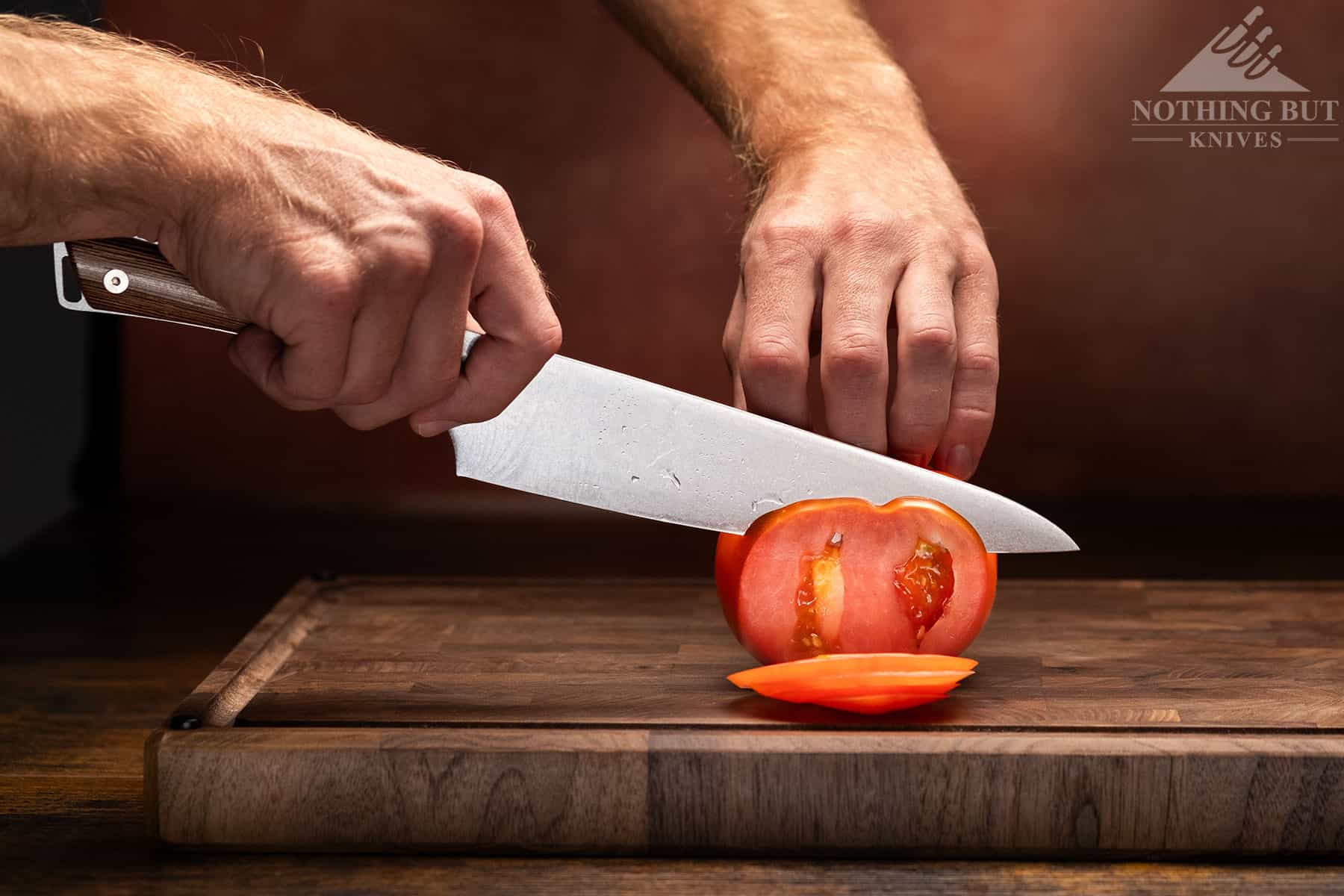 This knife has a polished edge, which can sometimes have trouble with hard, smooth surfaces of food, but it’s plenty sharp.