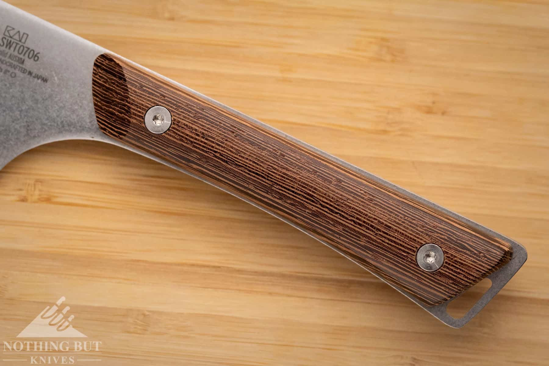 Shun Kanso Chef'S Knife Review - Image 2 A close up of the Kanso's Tagayasan wood scales.