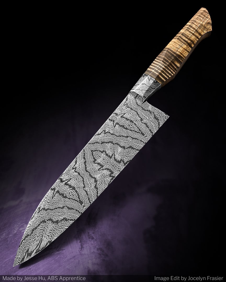 A Damascus steel chef's knife by Jesse Hu.