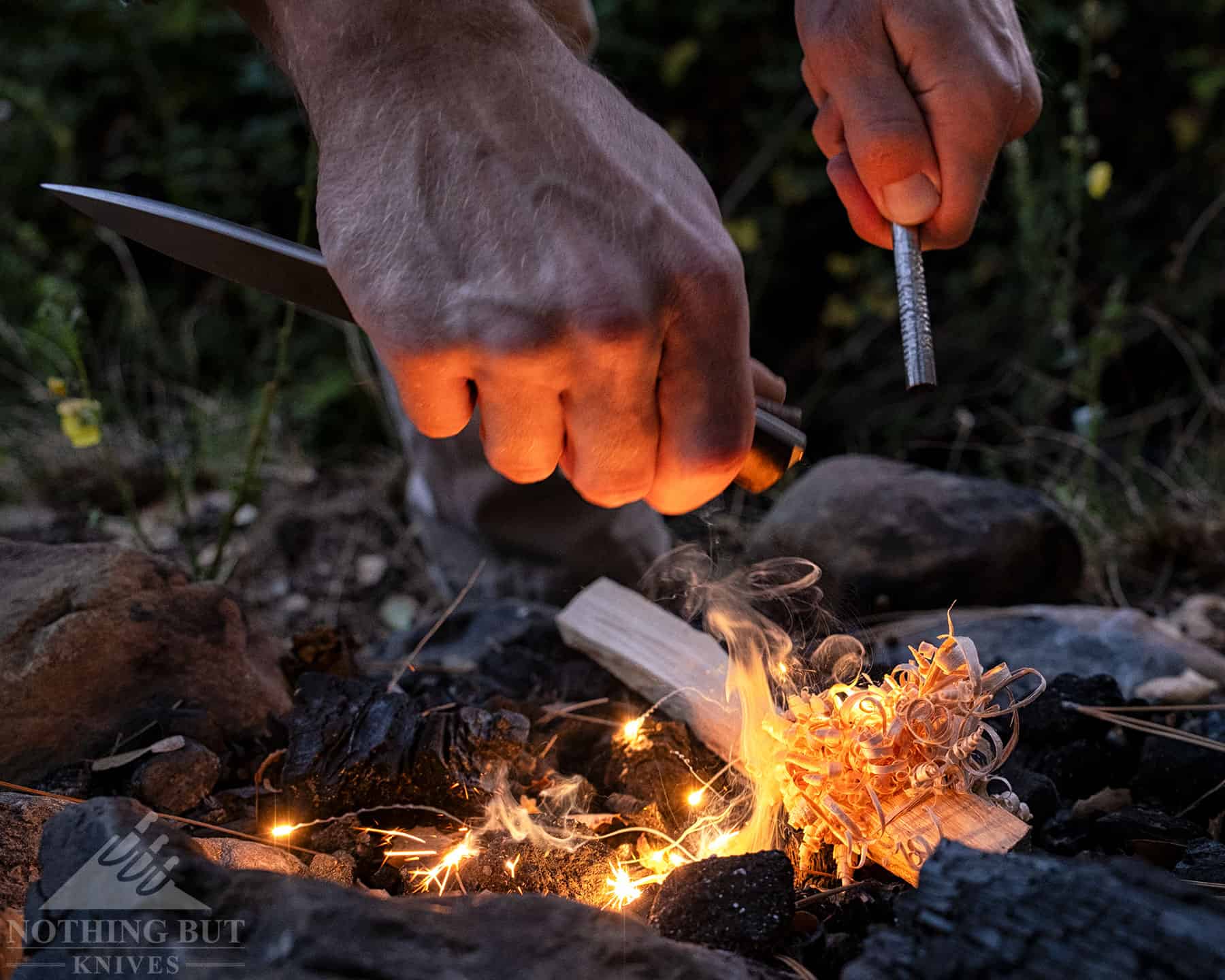 Throwing spark with the LionSteel M4 and a ferro rod. 