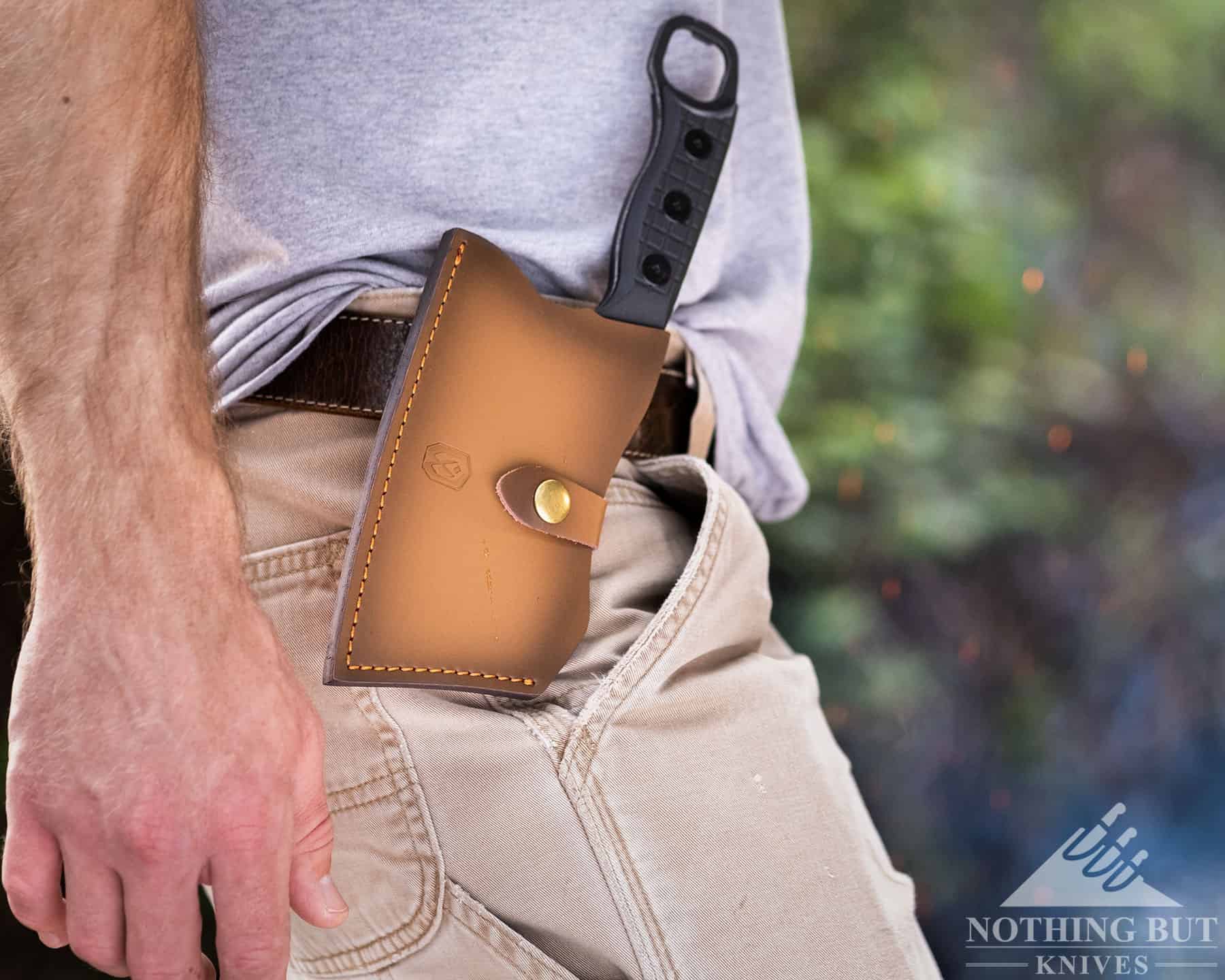 The Minibarbar leather sheath s sits high on the hip. 