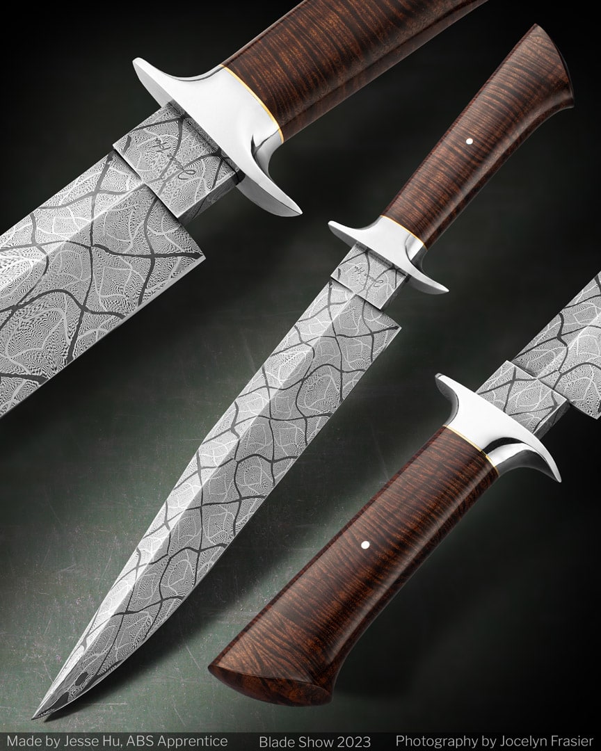 A Mosaic Damascus Bowie knife by Jesse Hu.