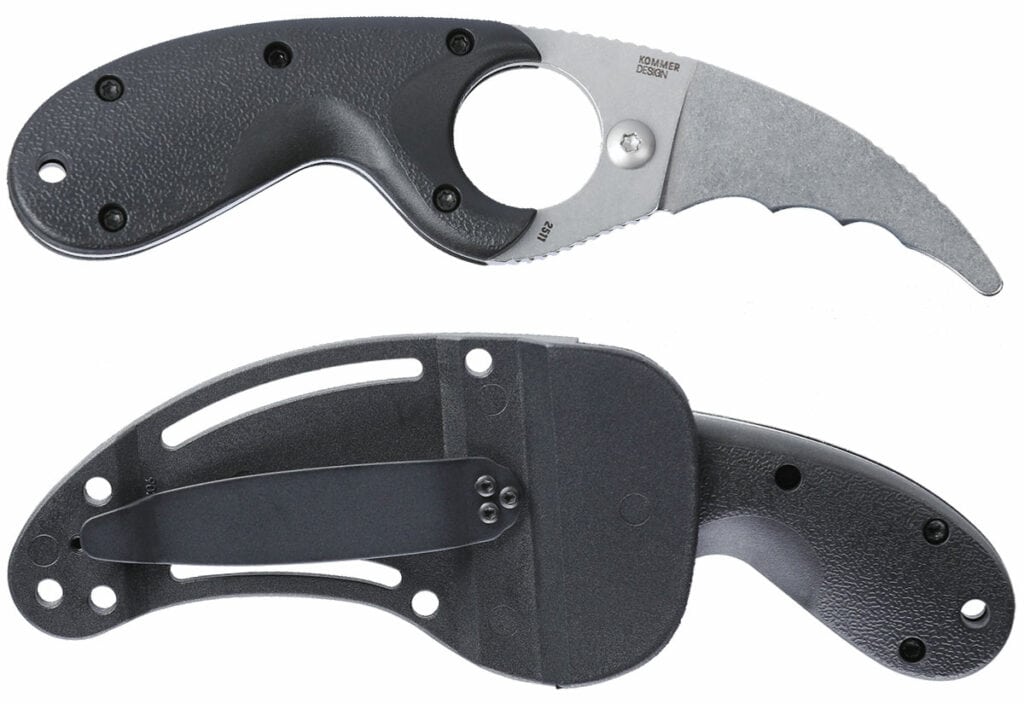 On the hyper-practical side, we get the Bear Claw. a fixed blade with a severe inward curve.