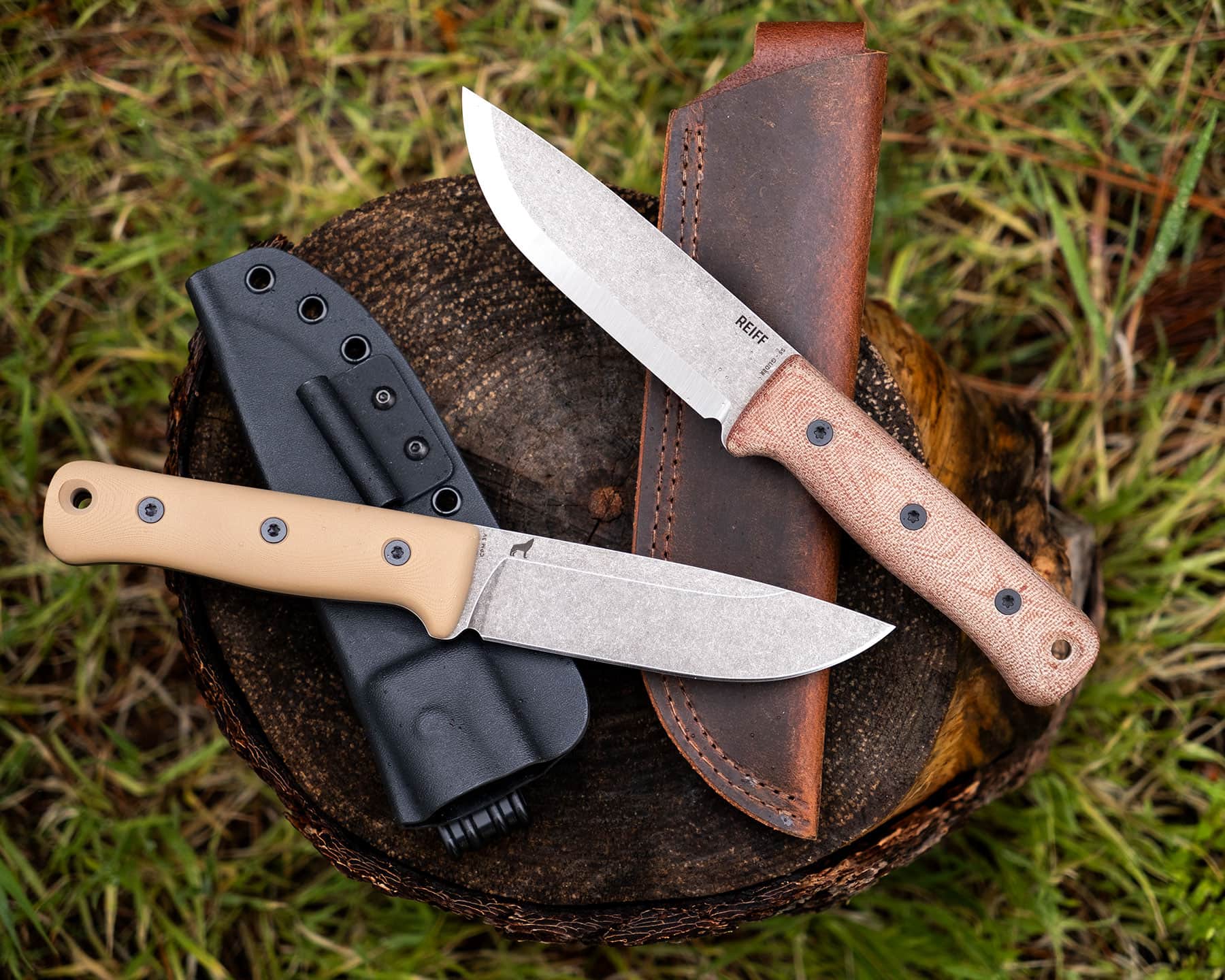 The Reiff F5 ships with a leather sheath and the Sf ships with a kydex sheath