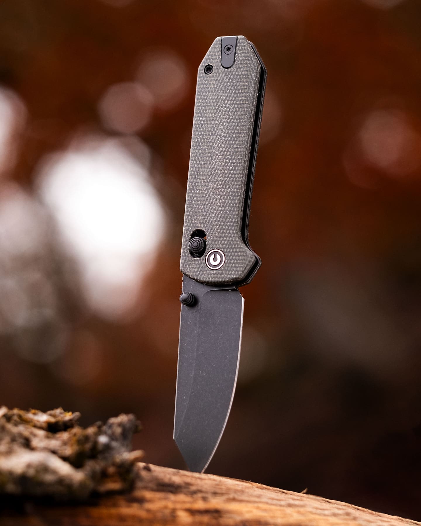 The Civivi Yonder pocket knife locked in the open position with its blade tip sticking out of a log in a forest.
