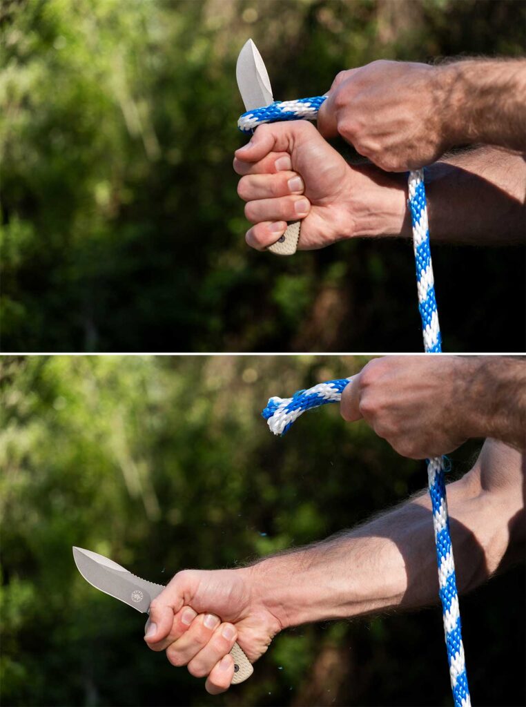 Off-Grid Sidekick Review - Image 4 A two image collage of the Off-Grid Sidekick shown slicing through a blue and white stripped rope outdoors.