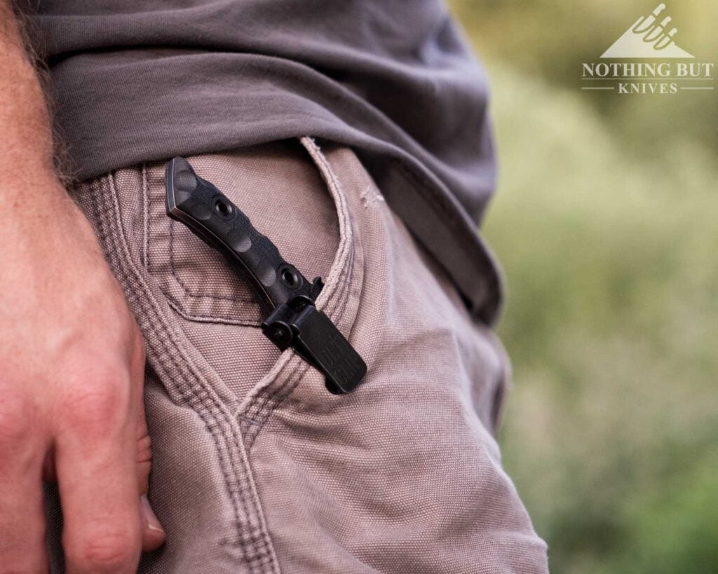 T.kell Wharnedc Review - Image 8 A-close-up-of-the-TKell-WharnEDC-clipped-into-a-right-front-pants-pocket-using-an-Ulticlip.