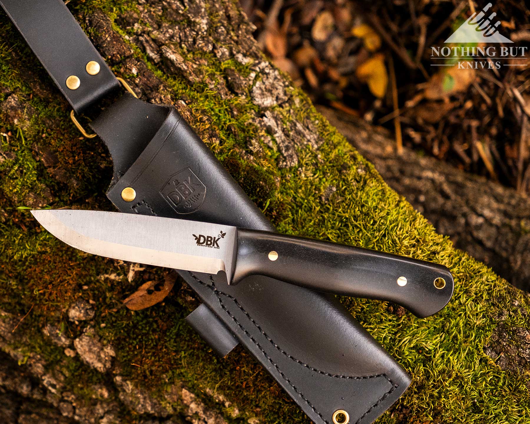 Boker Dbk Bushfriend 2000 Review - Image 6 An overhead view of the Boker DBK Bushfriend 2000 bushcraft knife sitting on its black leather sheath on a moss-covered log.