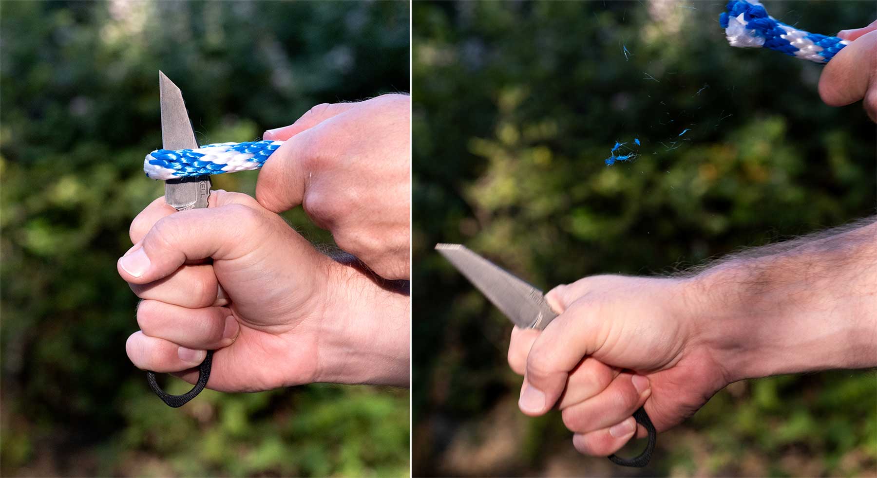 T.kell Wharnedc Review - Image 9 A two image collage of the TKell WharnEDC knife being used to slice a blue and white stripped rope.