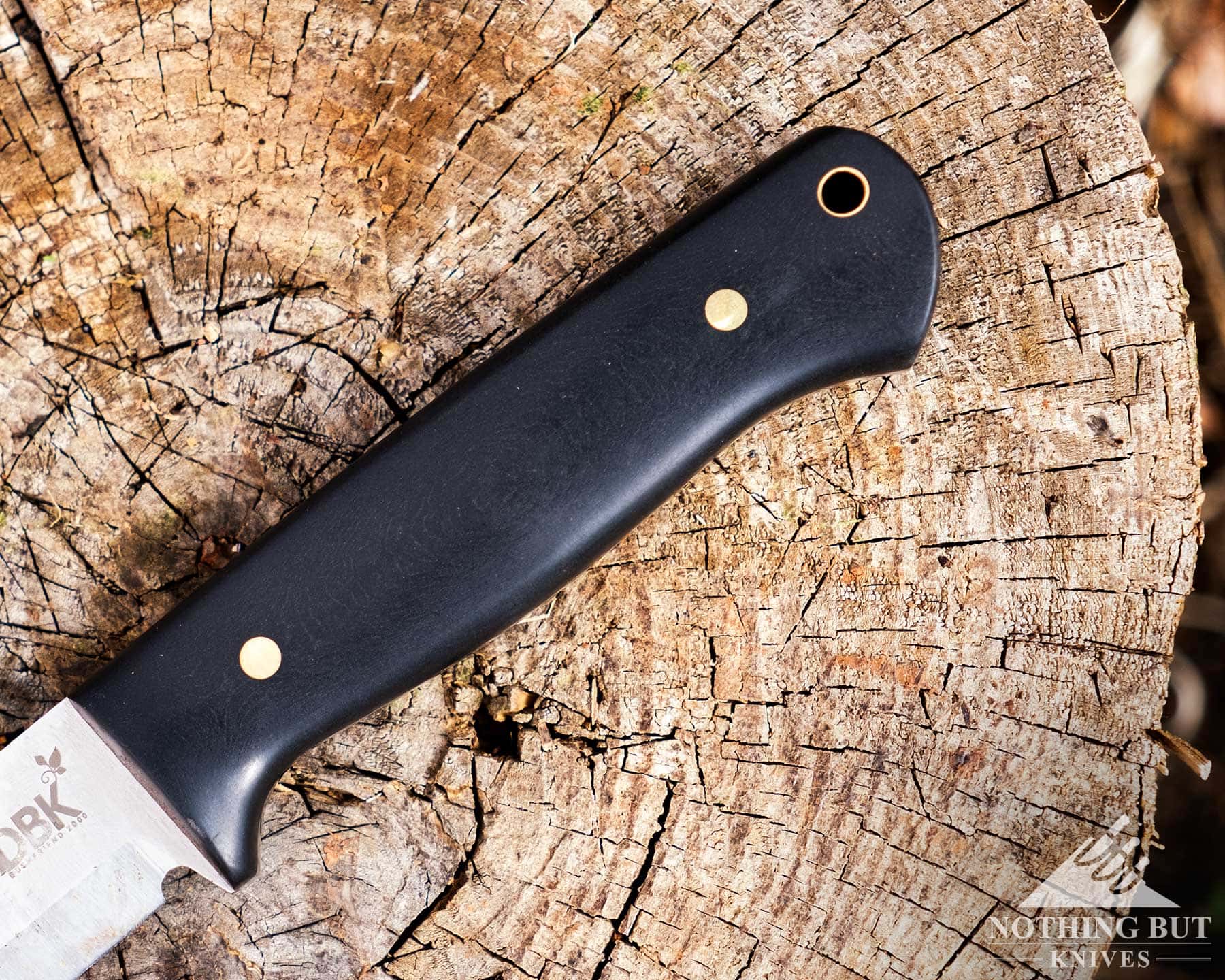 Boker Dbk Bushfriend 2000 Review - Image 16 An overhead view of the Boker DBK Bushfriend 2000 Richlite handle on a tree stump.