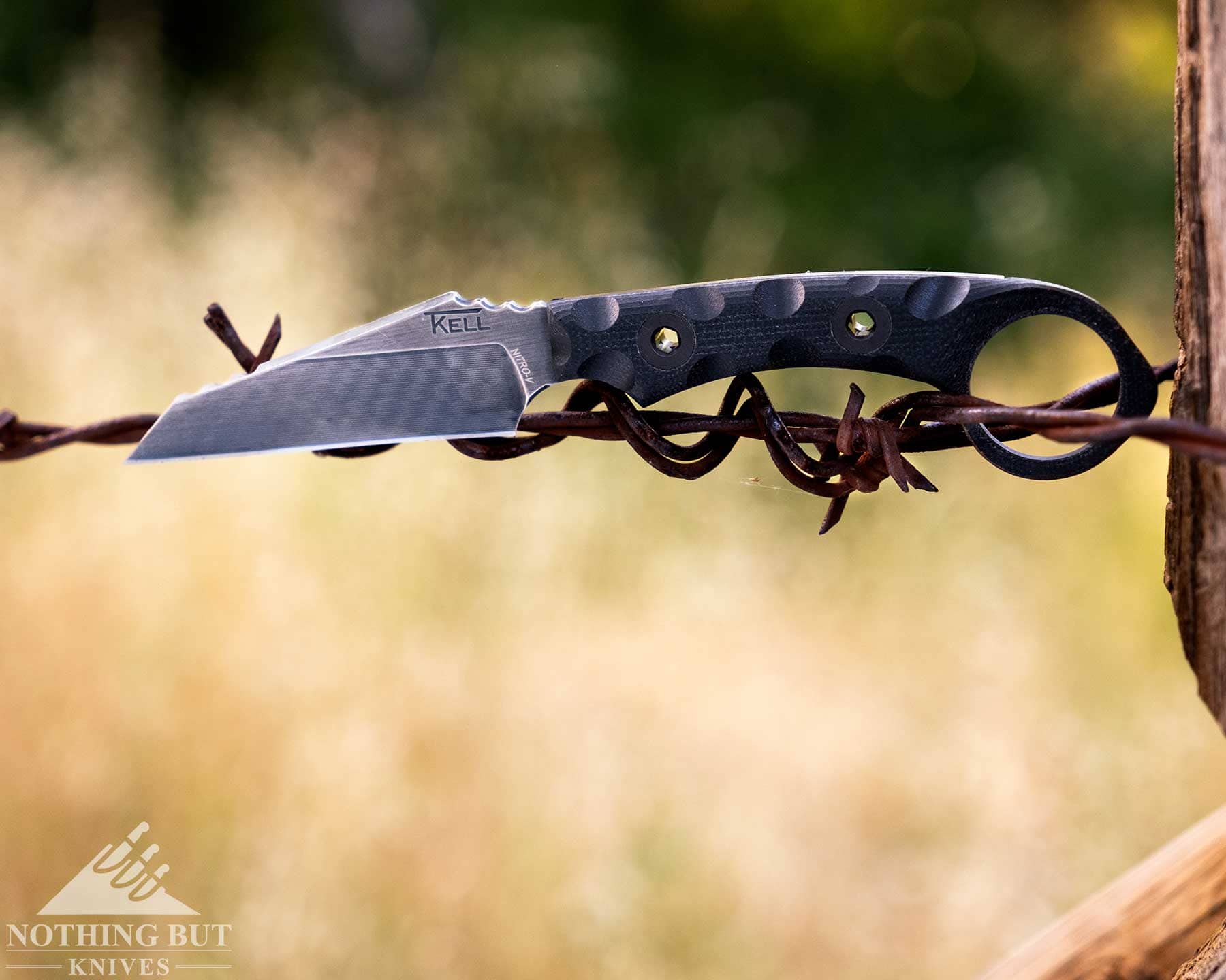 T.kell Wharnedc Review - Image 5 A small fixed blade knife balanced on a strand of barbed wire in a field of brown grass.