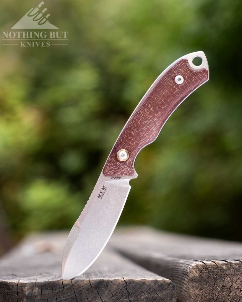 Our Favorite Fixed Blade Edc Knives And How To Carry Them - Image 7 The MKM pocket Tango compact fixed blade knife sticking out of a piece of weathered wood outdoors.