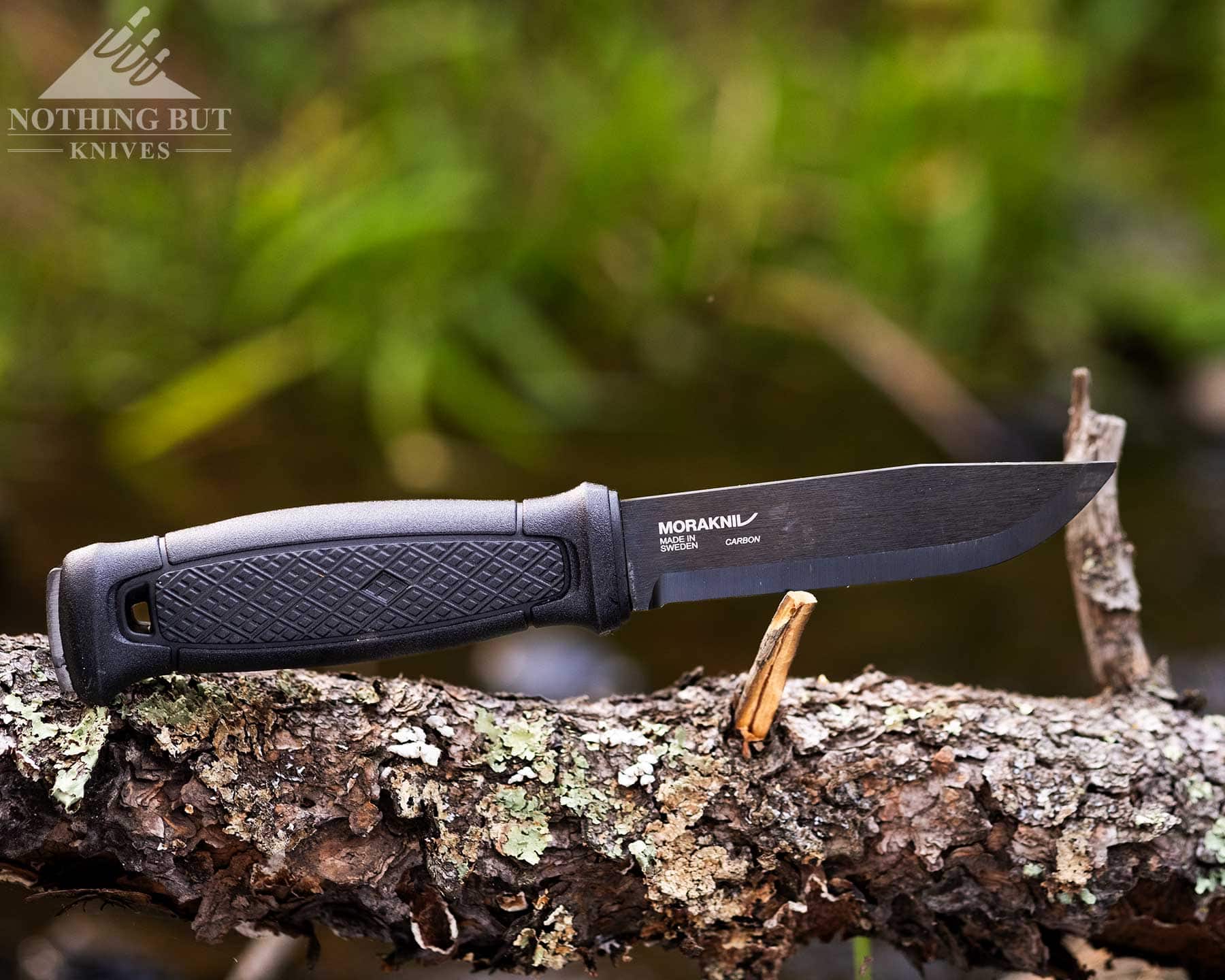 Boker Dbk Bushfriend 2000 Review - Image 17 The black version of the Morakniv Garburg bushcraft knife balanced on a tree limb in front of a blurry green background.
