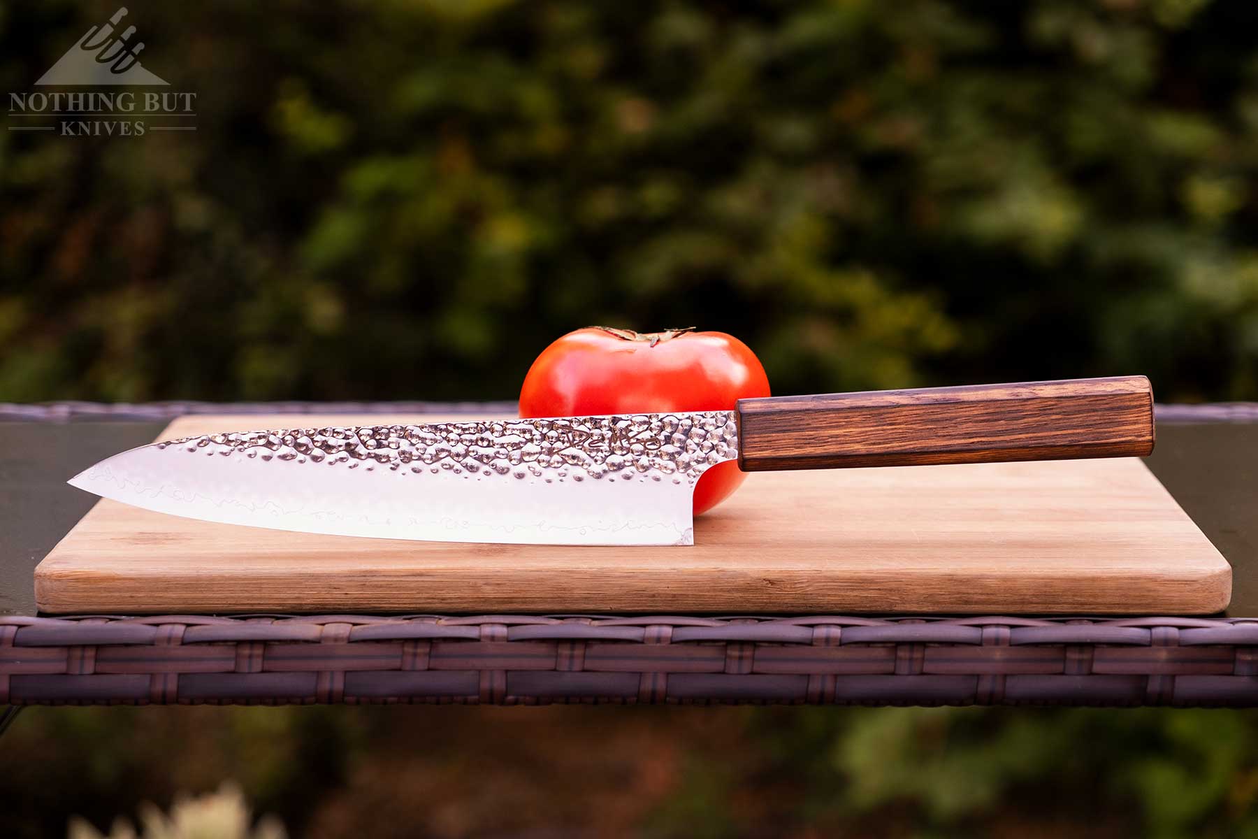 Demko Gyuto Chef Knife Review - Image 1 A profile view of the Demko chef knife leaning against a tomato outdoors on top of a bamboo cutting board.