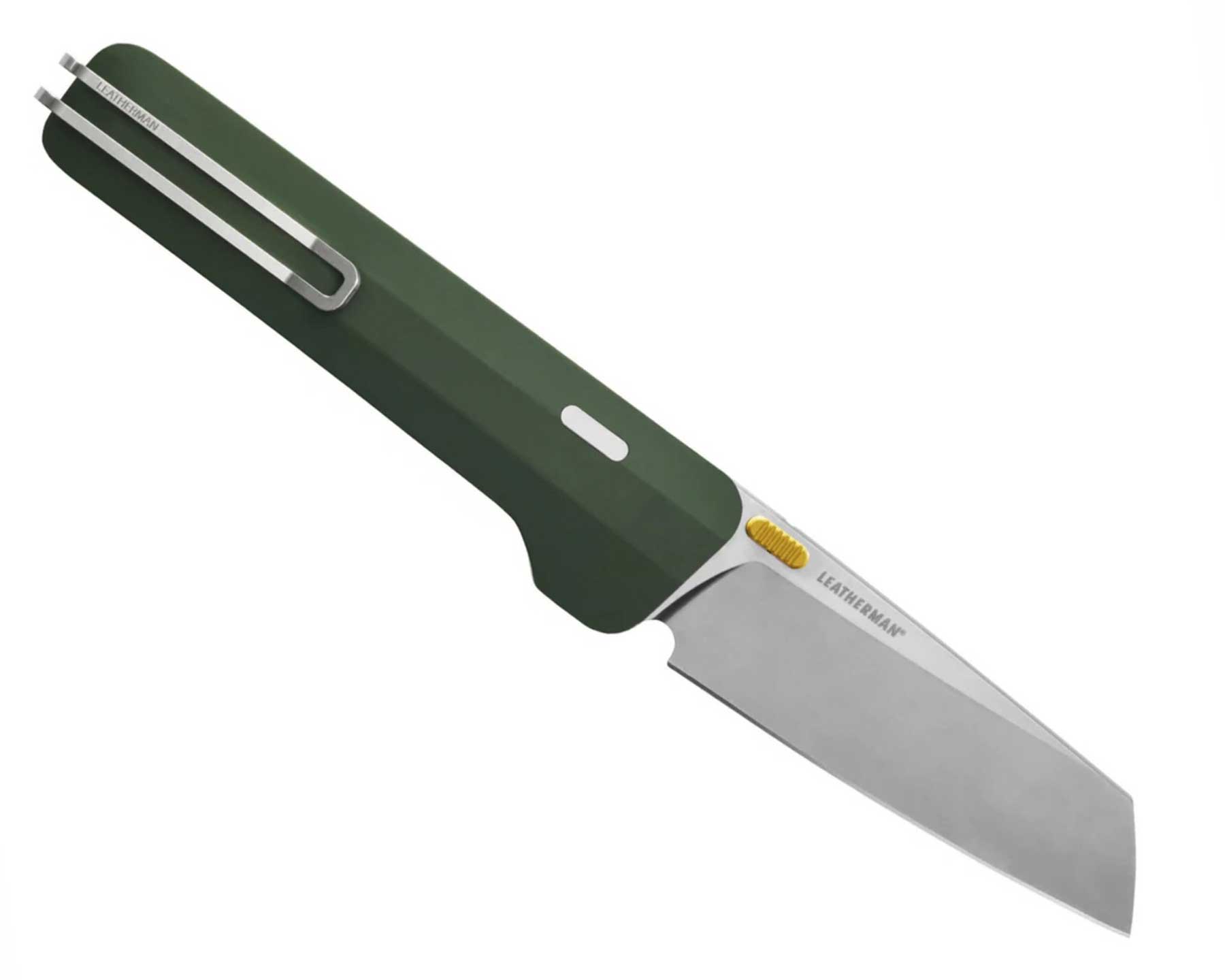 Leatherman Releases Collection Of Fixed Blade And Folding Knives - Image 3 The Leatherman Glider pocketknife with Ocra colored handle scales in front of a white background with the pocket clip side facing the camera.