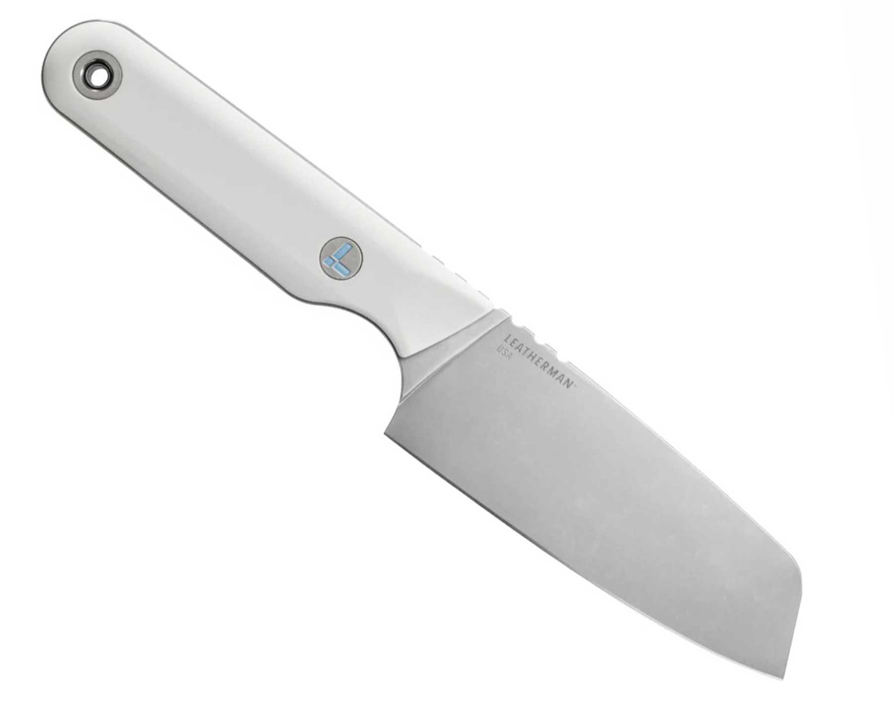 Leatherman Releases Collection Of Fixed Blade And Folding Knives - Image 2 The Alpine White handle version of the Leatherman Rustle shown here in front of a white background.
