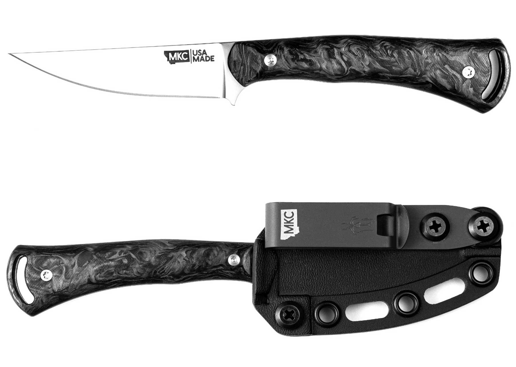 Montana Knife Company Releases Mini Speedgoat Ultra - Image 1 A two image collage featuring a shot of the MKC Mini Speedgoat Ultra outside of its sheath and inside of its sheath in front of a white background.
