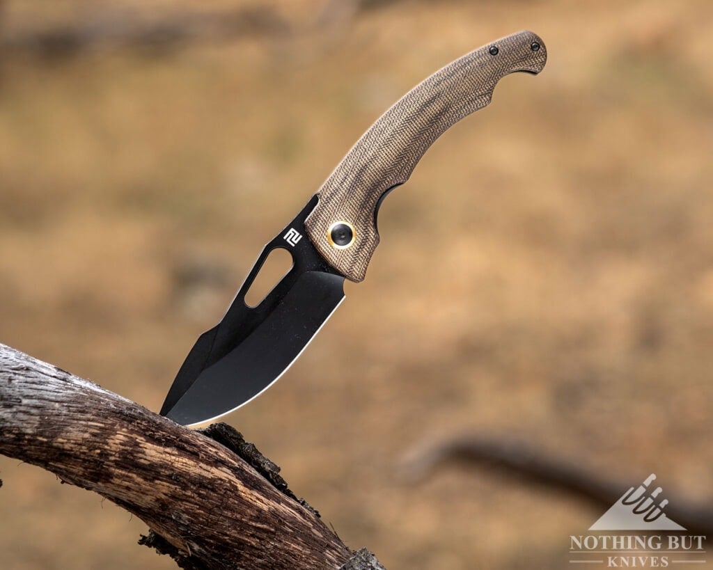 A modern foldeing knife with its blade in the open position sticking out of a tree limb in a field of brown grass. 