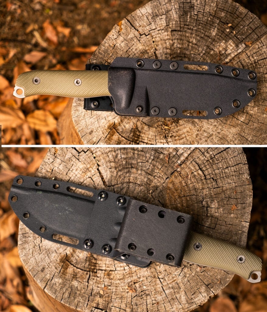 A two image collage that shows both sides of the Reiff Vicon knife in its kydex sheath.