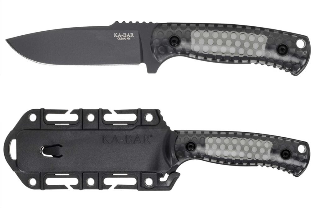 Cool New Knives From Ka-Bar And Les George Collaboration - Image 1 A two image collage of the Ka-Bar Cool drop point fixed blade knife shown on top outside the kydex sheath and outside the kydex sheath on the bottom.