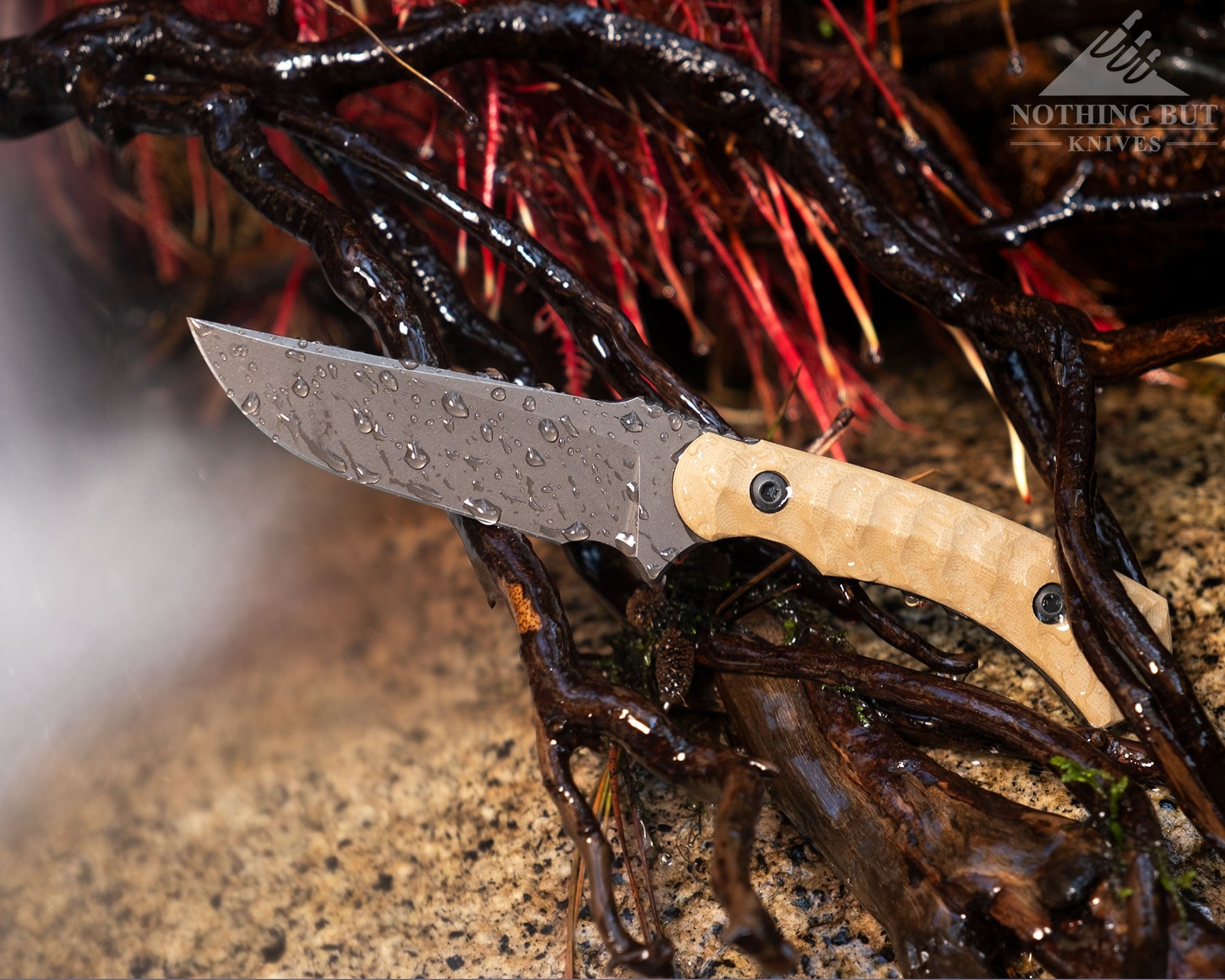 Toor Knives Brauler Review - Image 16 The Toor Knives Brauler covered in water droplets on a branch in front of a waterfall and red roots from a nearby tree.