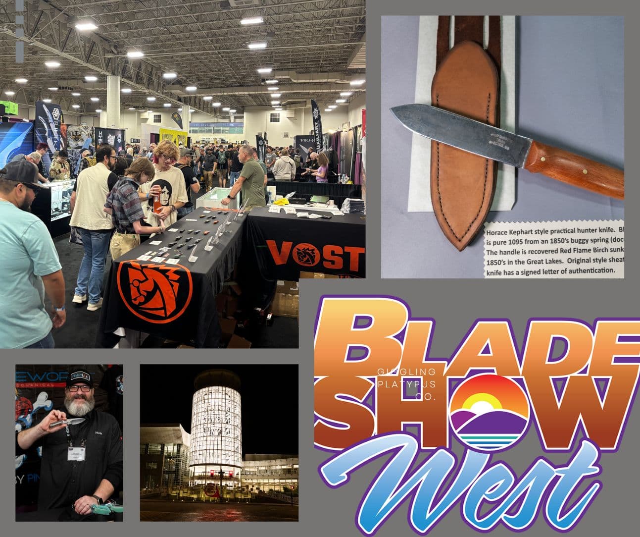 A five image collage showing a variety of images from the Blade Show West knife trade show in Salt Lake City.