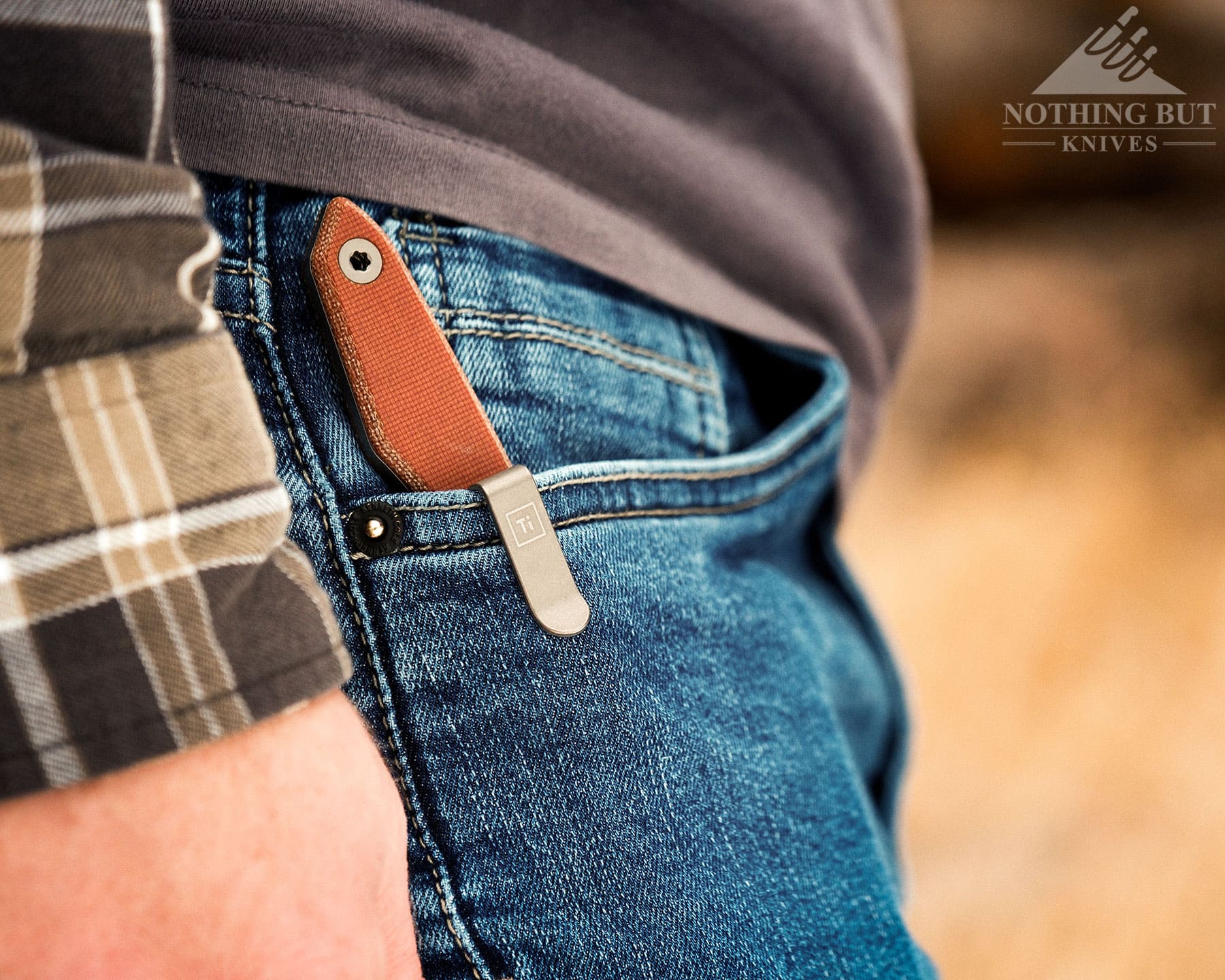 Big Idea Design Lookout Review - Image 5 Big Idea Design Lookout being carried in the right pocket of men's jeans with it's pocket clip.