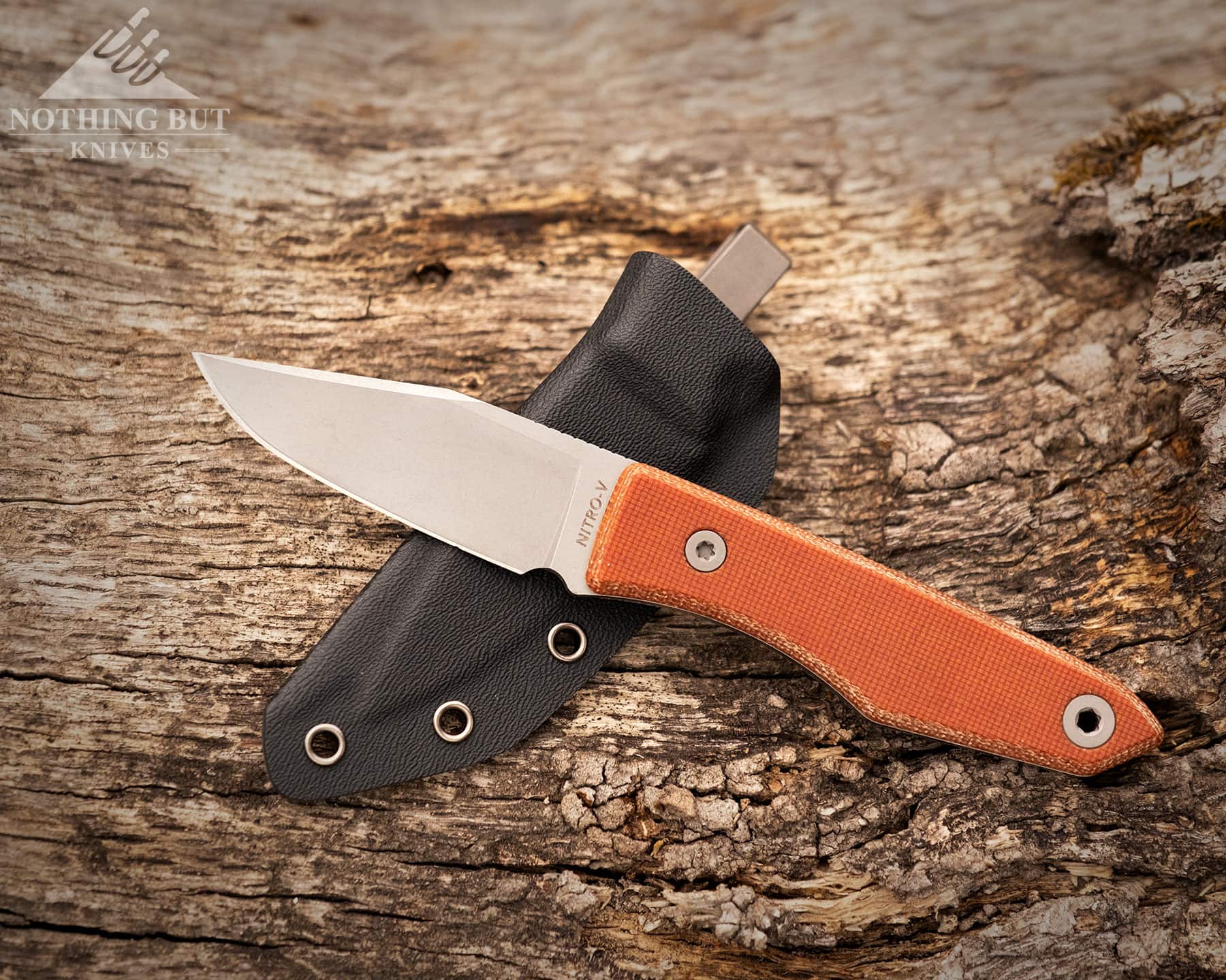 Big Idea Design Lookout Review - Image 3 Lookout by Big Idea Design laying on top of it's Kydex sheath on top of a log.