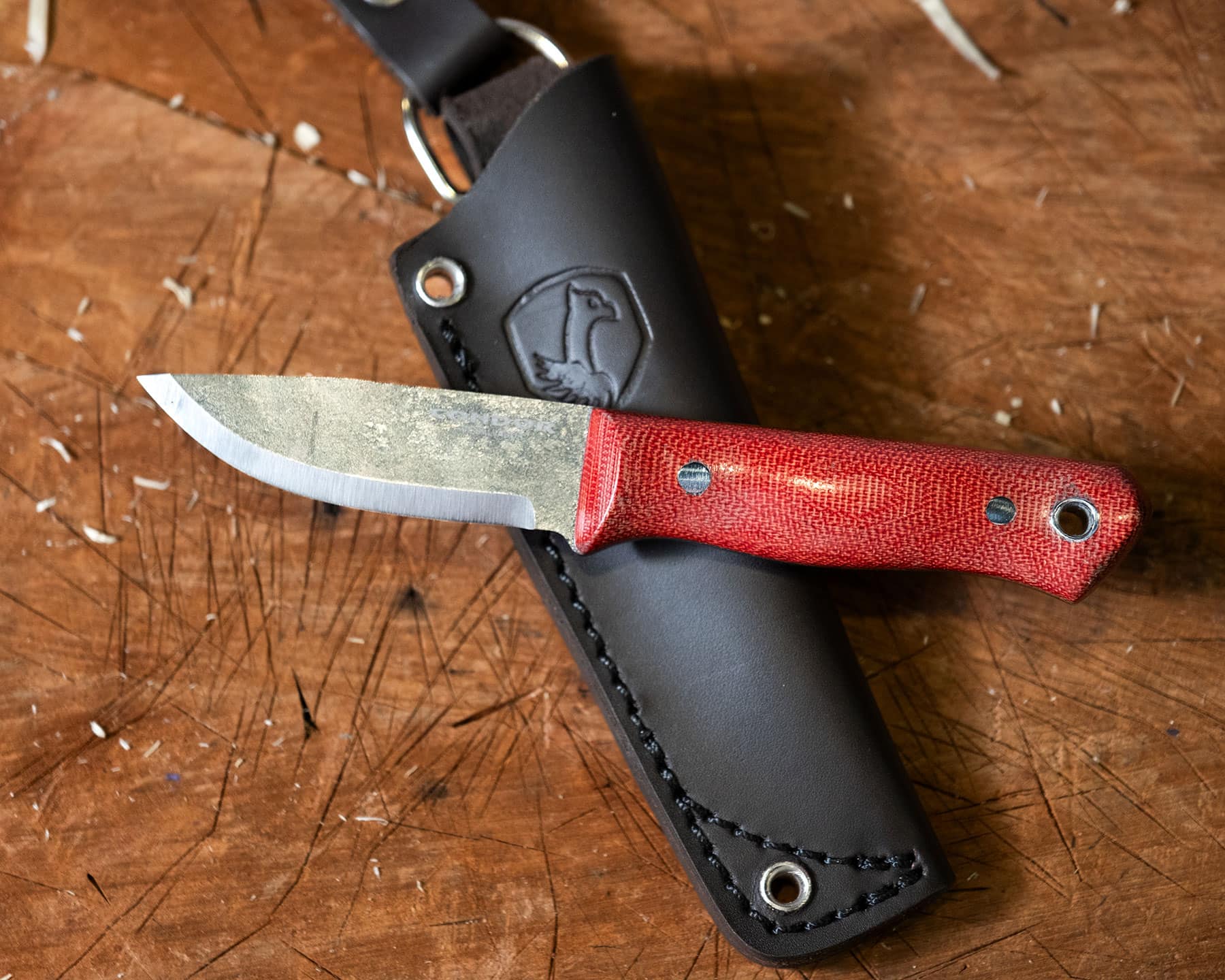 An elevated view of the Condor Mini Firewater fixed blade knife with its sheath on a wood background. 