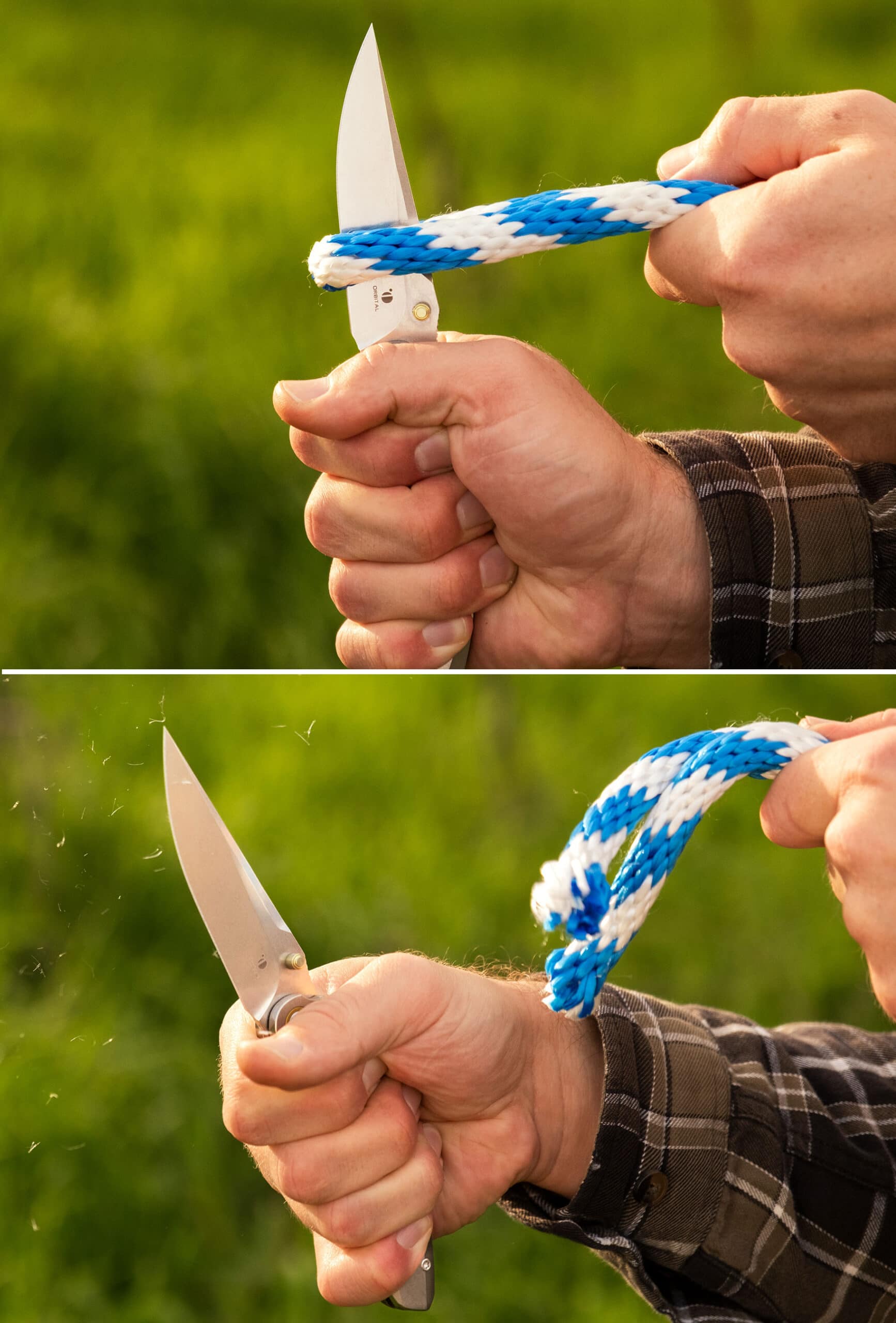 Orbital Fornax Review - Image 6 A two image collage showing the Orbital Fornax slicing through a piece of rope.