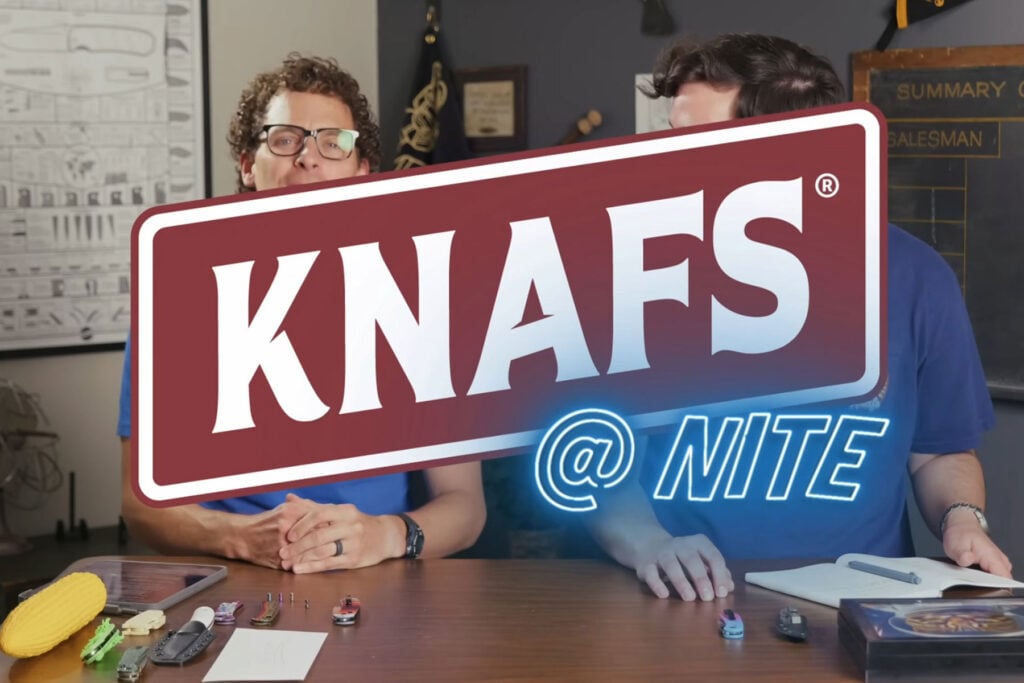 Blades N' Tales: Looking Inside The Knafs Rocket Ship - Image 8 A a still image from a knafs At Night episode that shows the Knafs logo and the two show hosts.
