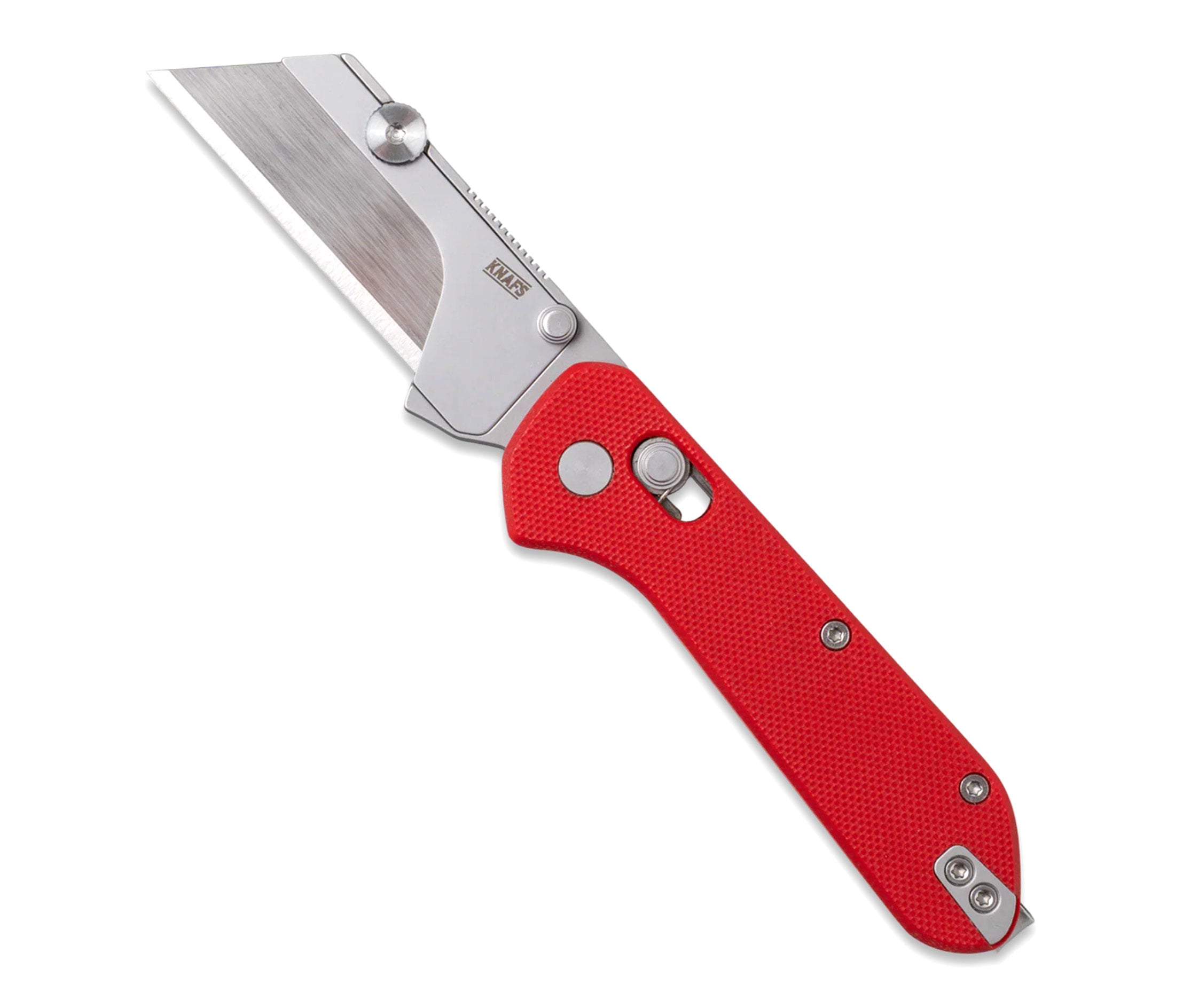 Blades N' Tales: Looking Inside The Knafs Rocket Ship - Image 9 The Knafs Yuti Utility knife shawn here with red handle scales in front of a white background.