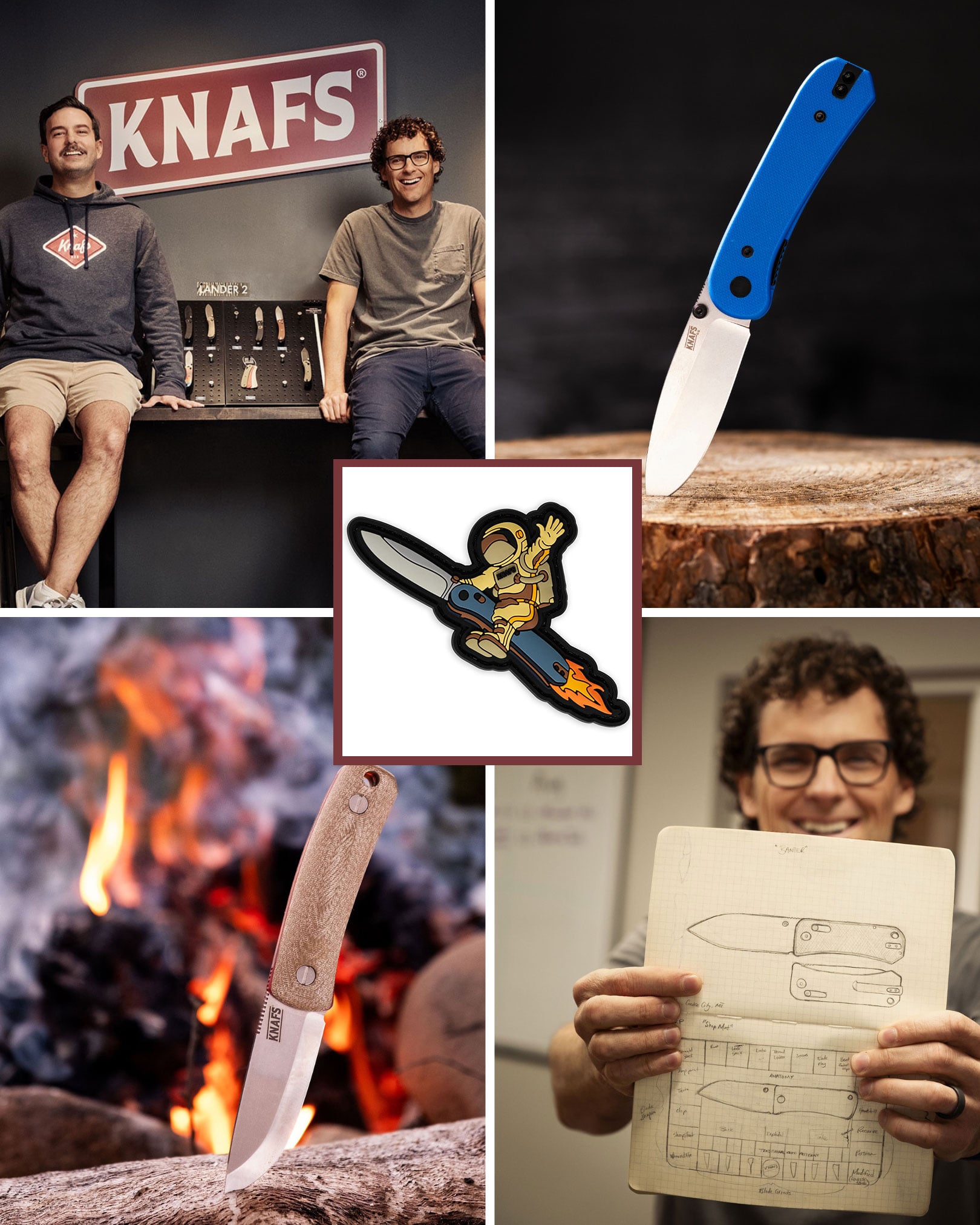 A five image collage showing different images from inside the Knafs Knives Company.