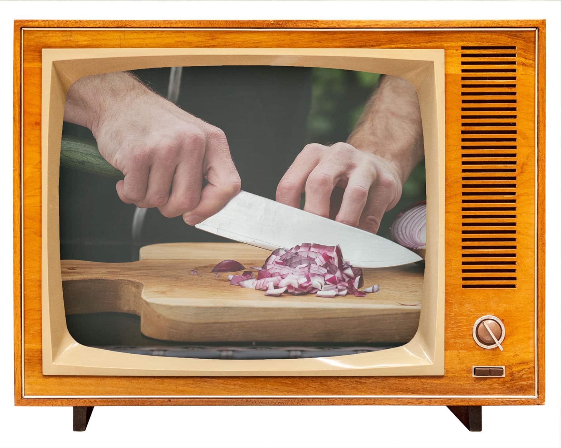 Hexclad Chef Knife Review - Is It Just Marketing Hype? - Image 2 Vintage television with an image of the HexClad chef knife dicing onions on the screen in front of a white background.