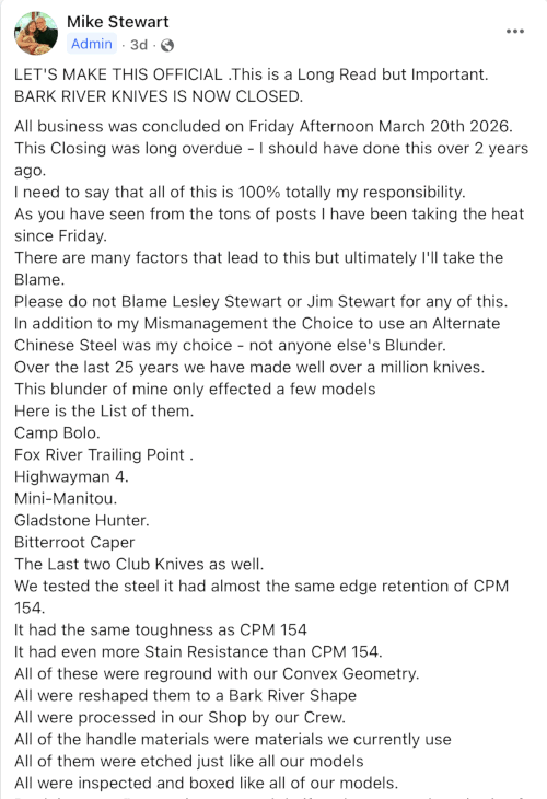 Bark River Knives Closes Permanently After Chinese Steel Scandal - Image 1: MikeStatement 1 1