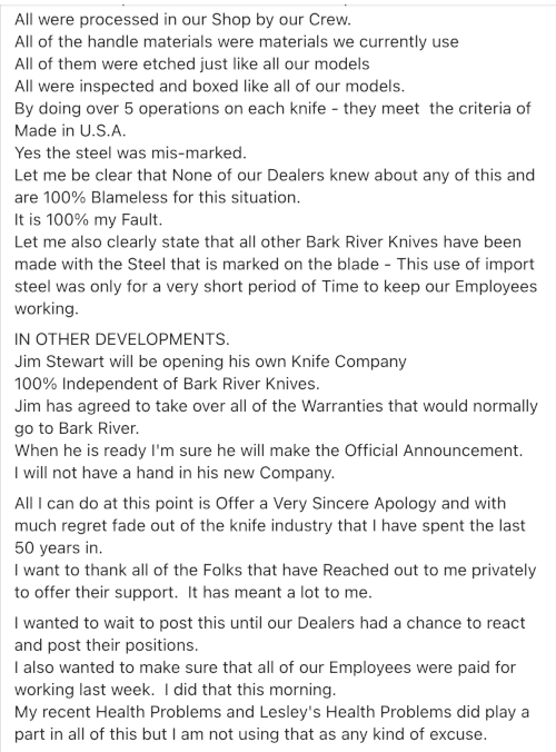 Bark River Knives Closes Permanently After Chinese Steel Scandal - Image 2: MikeStatement 2
