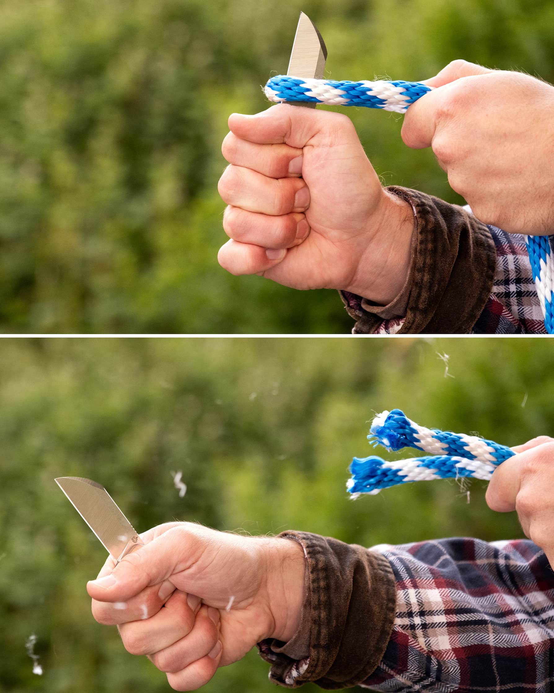 Qsp Baby Penguin Fixed Blade Review - Image 6 A man cutting robe using the Baby Penguin fixed blade by QSP using his right hand and wearing a flannel with trees in the background.