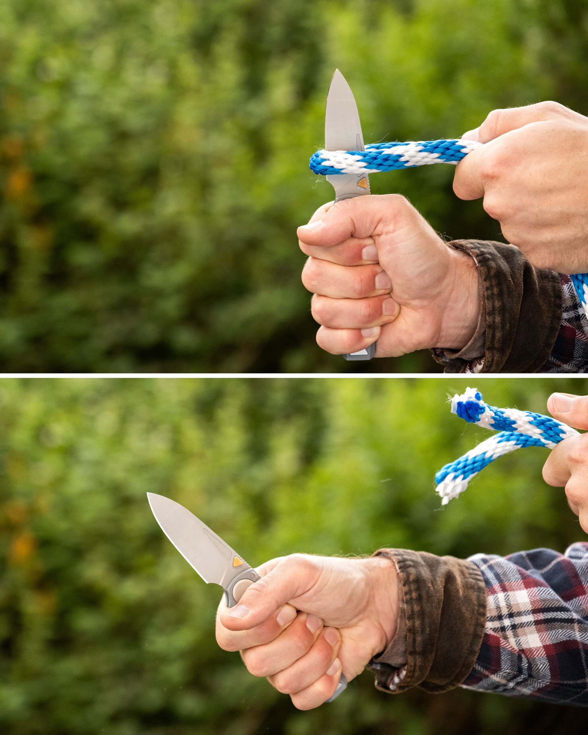 Worksharp Rmx Thumbstud Knife Review - Image 7 A two image collage showing the Work Sharp RMX knife before and after cutting a blue and white rope in front of a blurry green background.