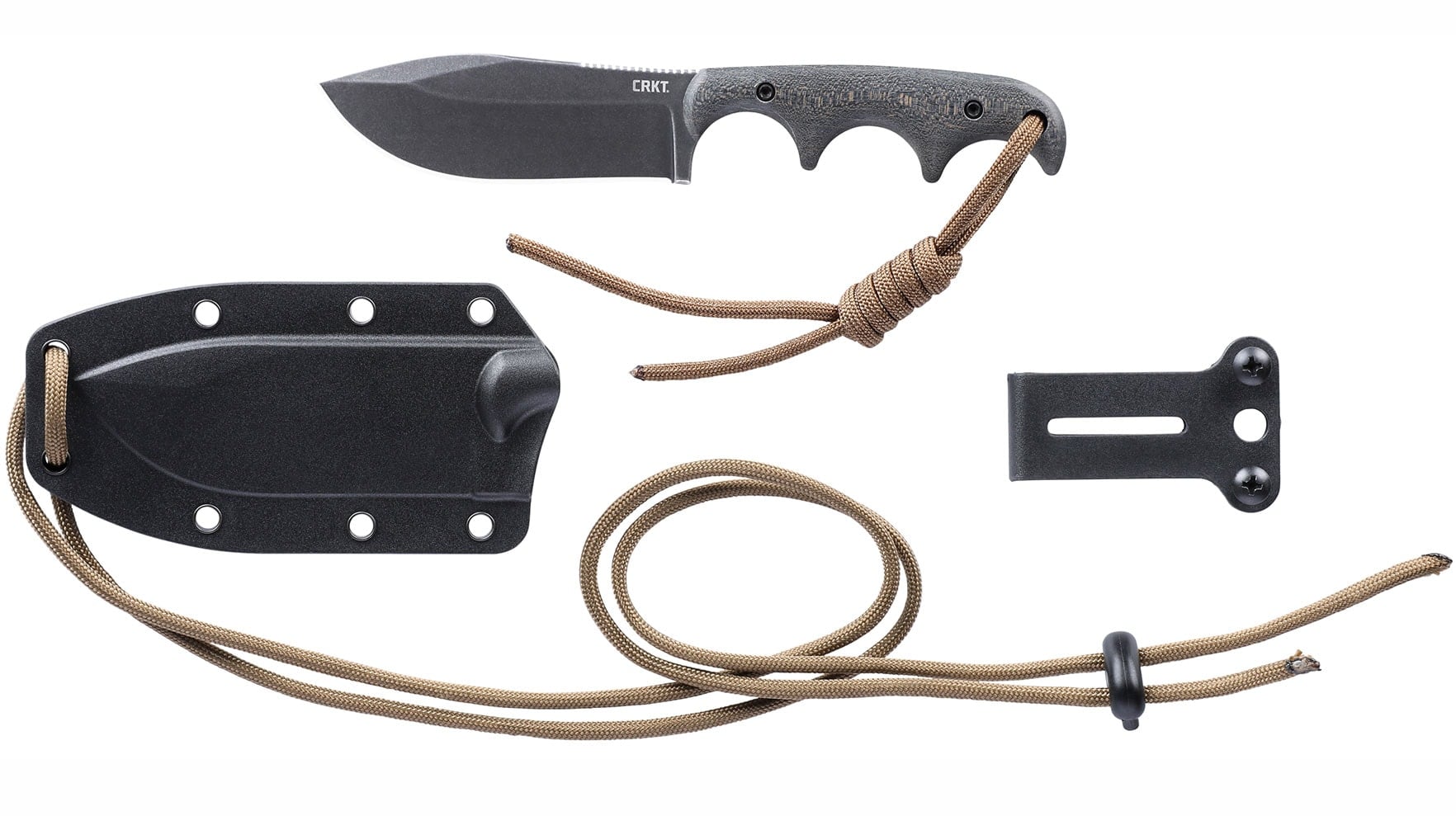 The CRKT Minimalist Nessmuk knife shown here with its sheath and clip on a white background. 