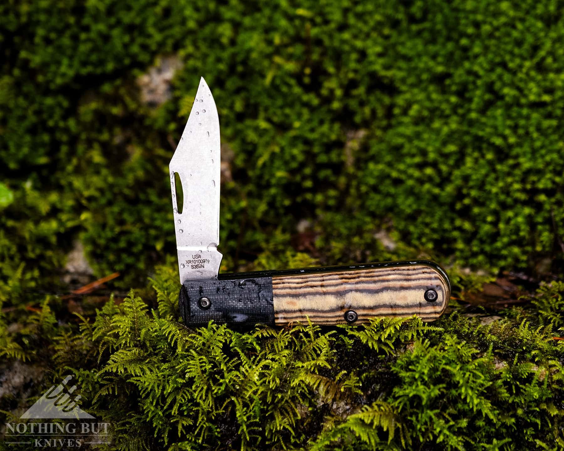 A close-uo of a Case slip joint knife resting on a moss-covered rock. 