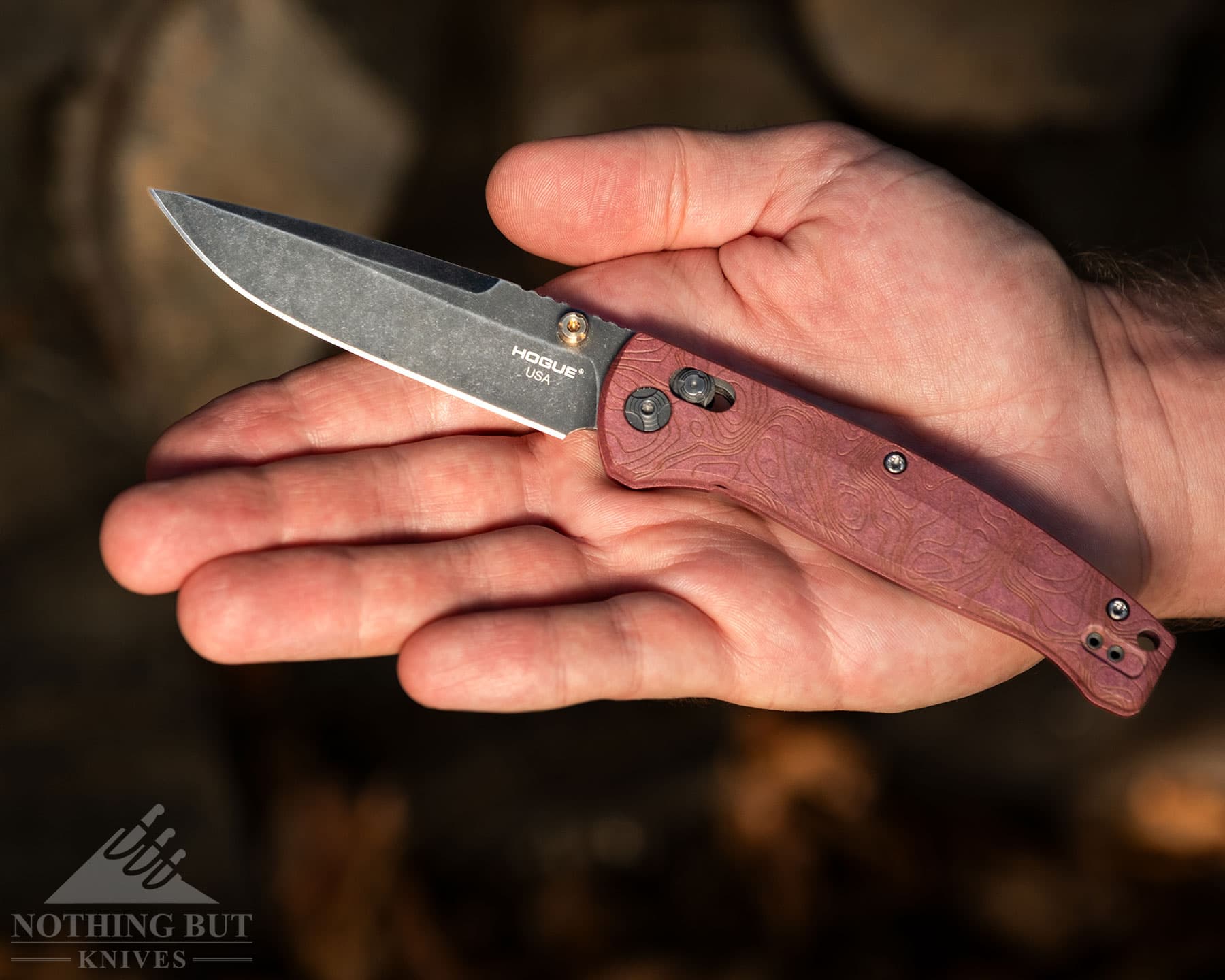 Hogue Mysto Review - Image 3 The Hogue Mysto shown here with its blade in the open position in a person's open hand.